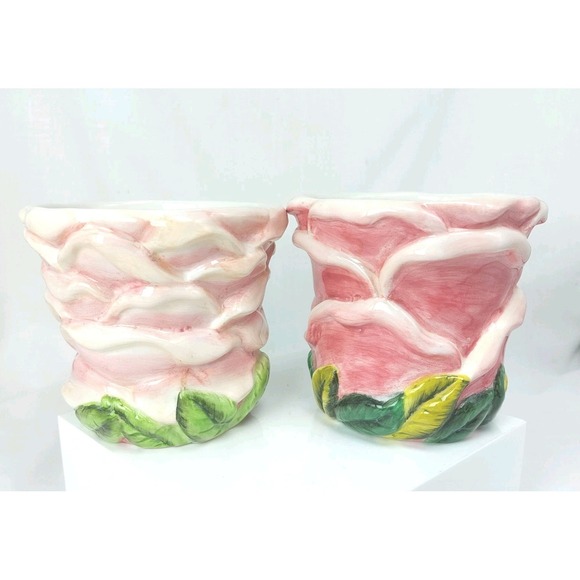 American Atelier Rose Toile Floral Petal Cup Mug Set Of 2 Pink #5232 Hand Paint - Picture 2 of 10